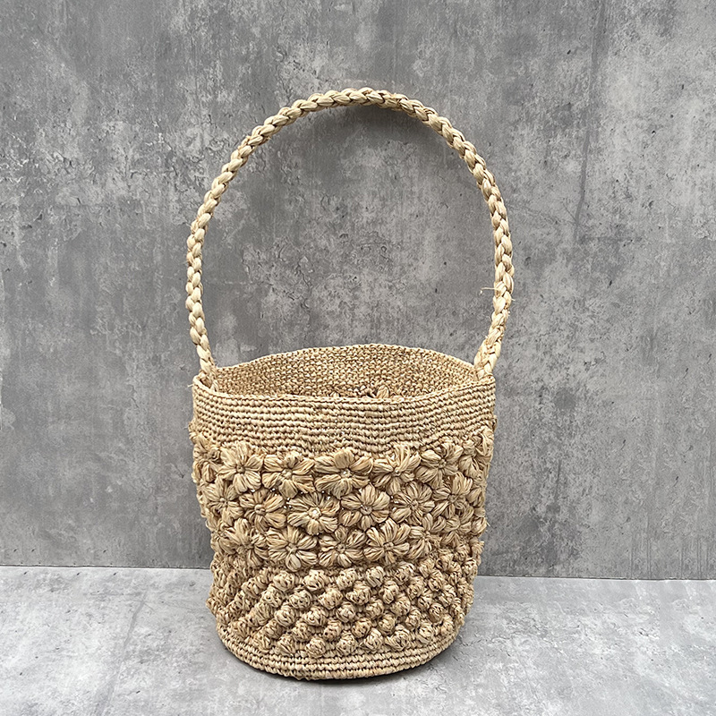 Women'S Raffia Bags - Сумка-ведро из соломы с цветочным узором,